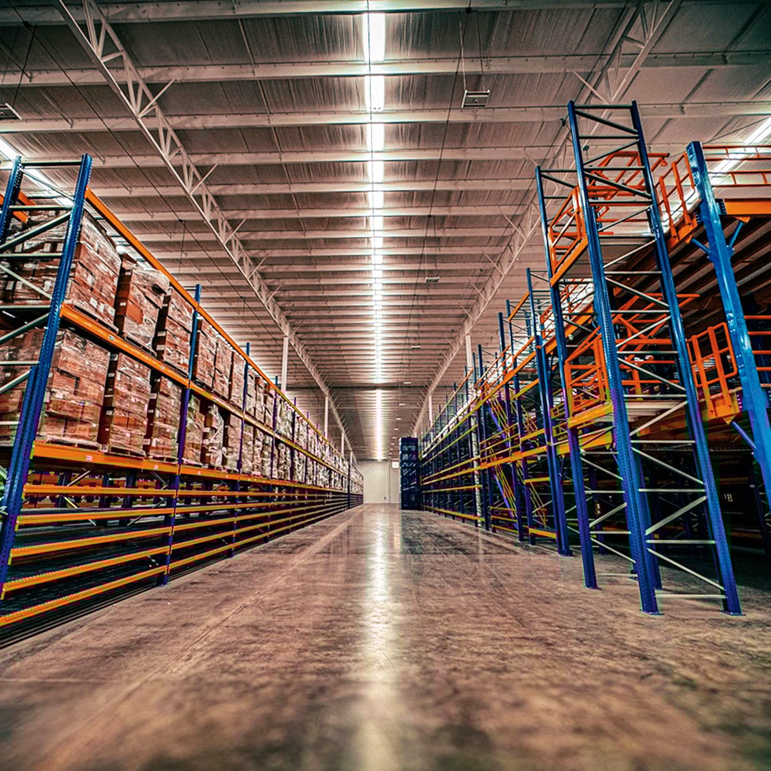 Racks and mezzanine inside a fulfillment center